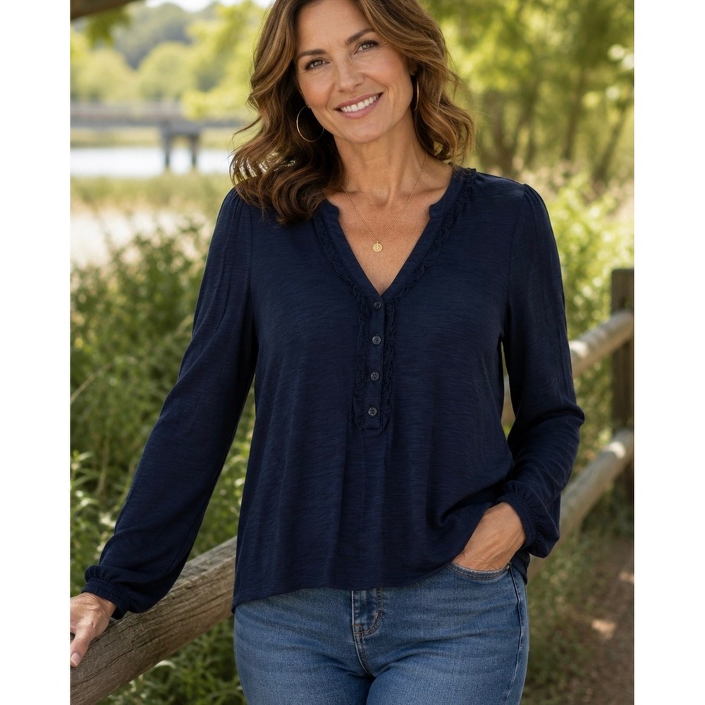 Boden Navy Blue Ruffle V-Neck Henley Top Size 8 Long Sleeve Cotton Modal Casual